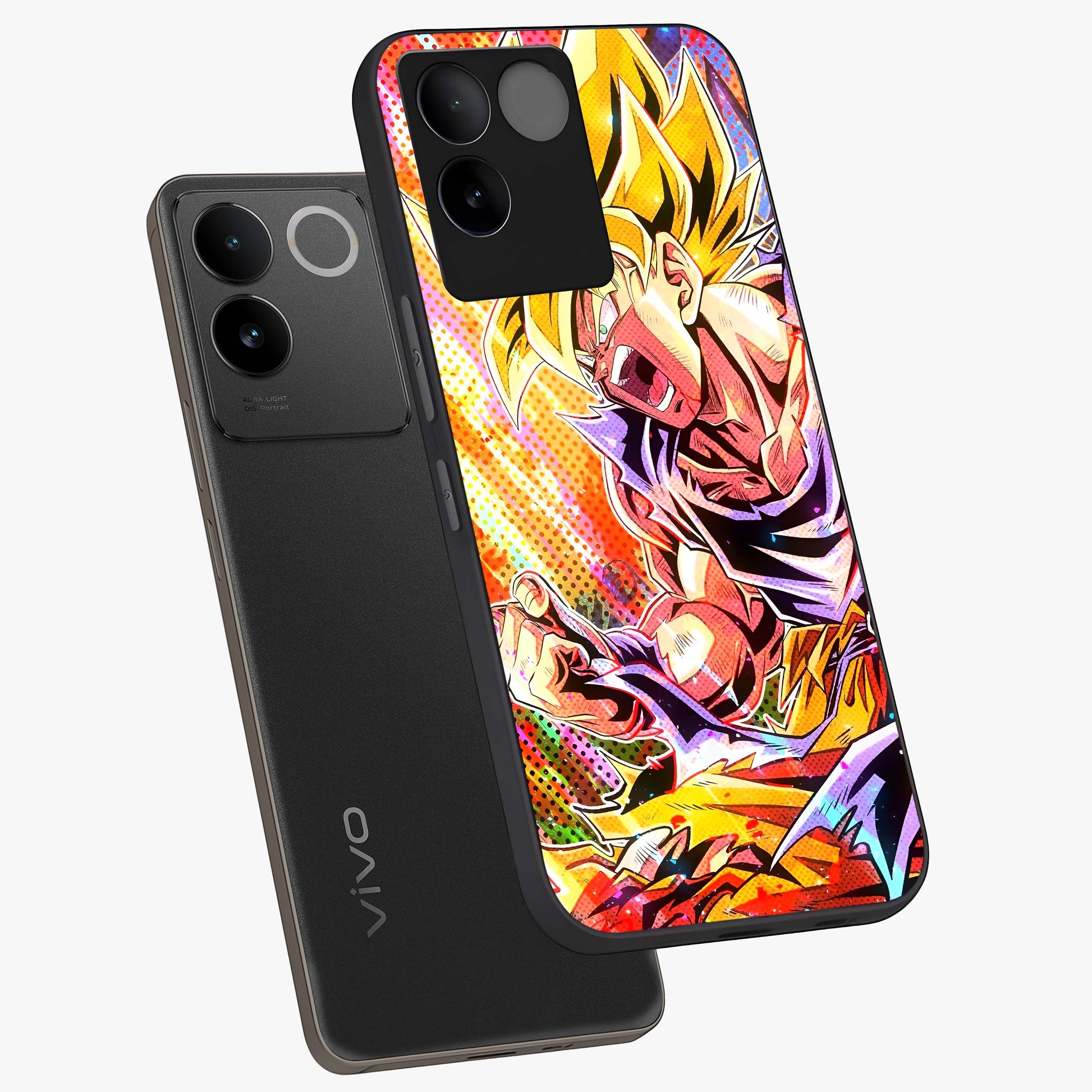 Firing Goku Glass Case displayed in angled mockup highlighting dynamic anime character design with action aesthetic.