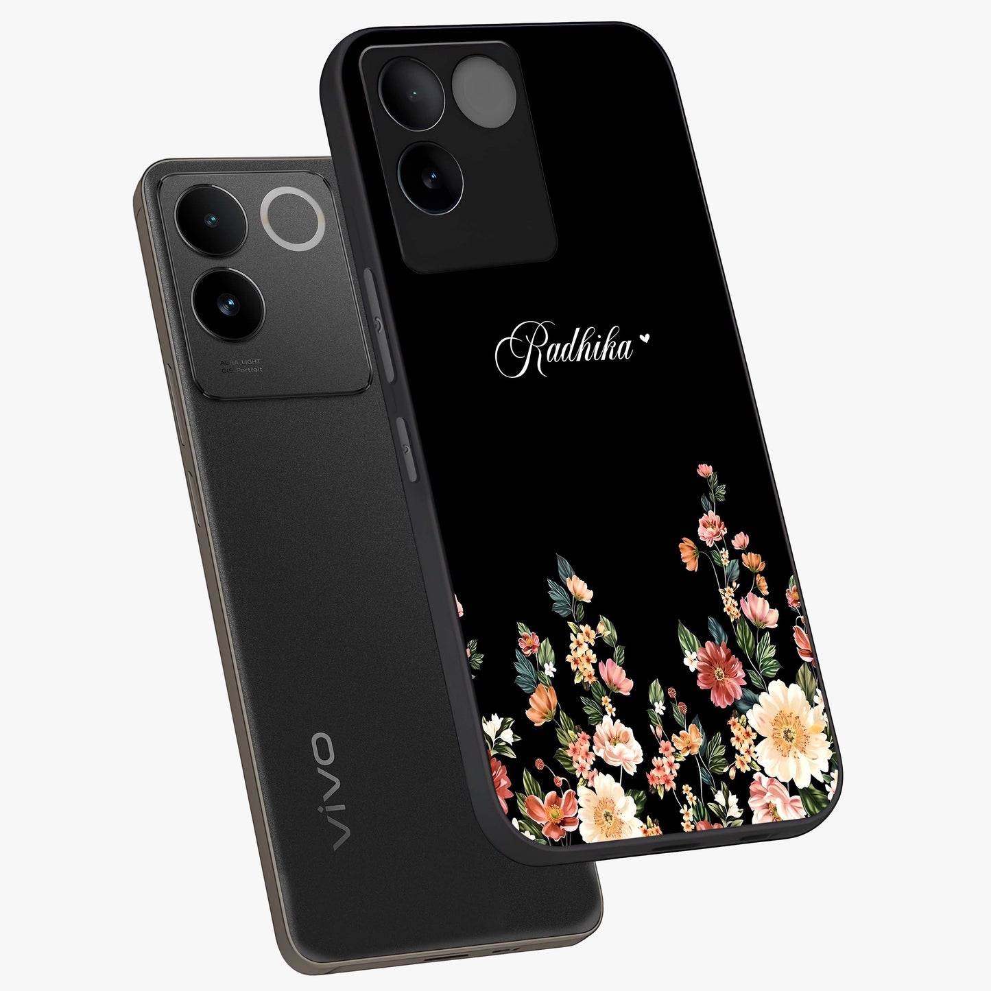 Floral Design With a Custom Personalized Name Glass Case displayed in angled mockup highlighting elegant floral pattern with custom name feature.