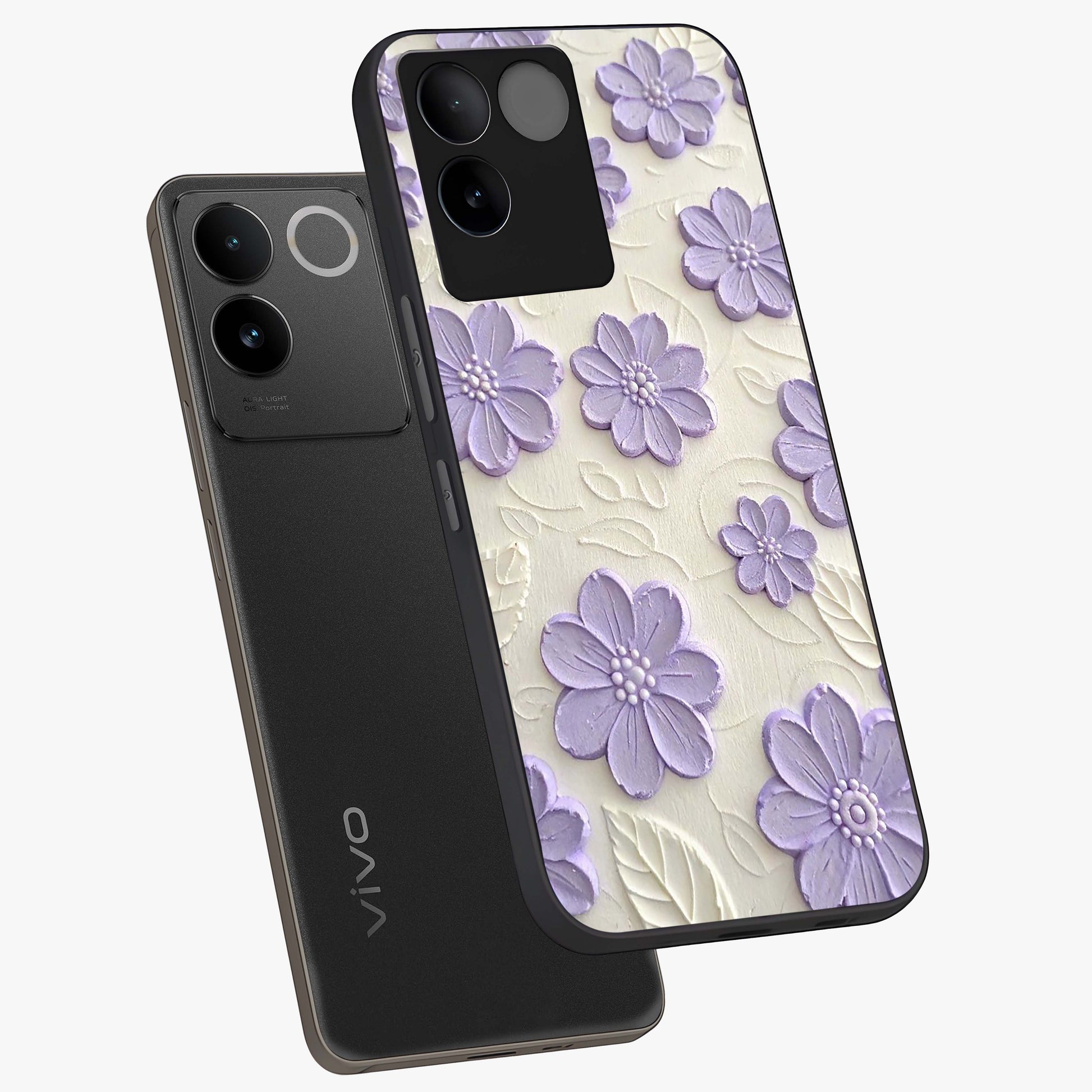 Floral Wall Art With Purple Flowers Glass Case displayed in angled mockup highlighting vibrant purple floral illustration with artistic aesthetic.