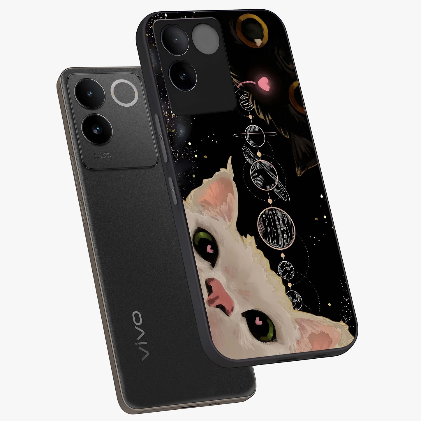 Galactic Cat Glass Case displayed in angled mockup highlighting celestial feline illustration with galaxy aesthetic style.