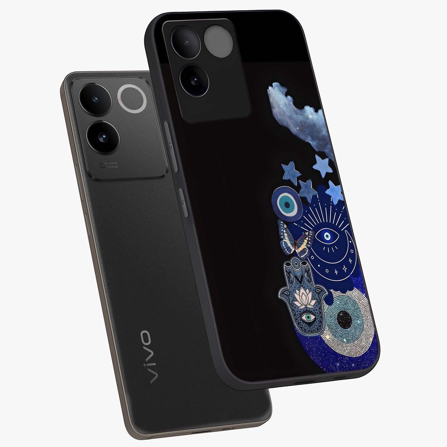 Galactic Charm Cluster Glass Case displayed in angled mockup highlighting luminous galaxy inspired design with dreamy aesthetic.