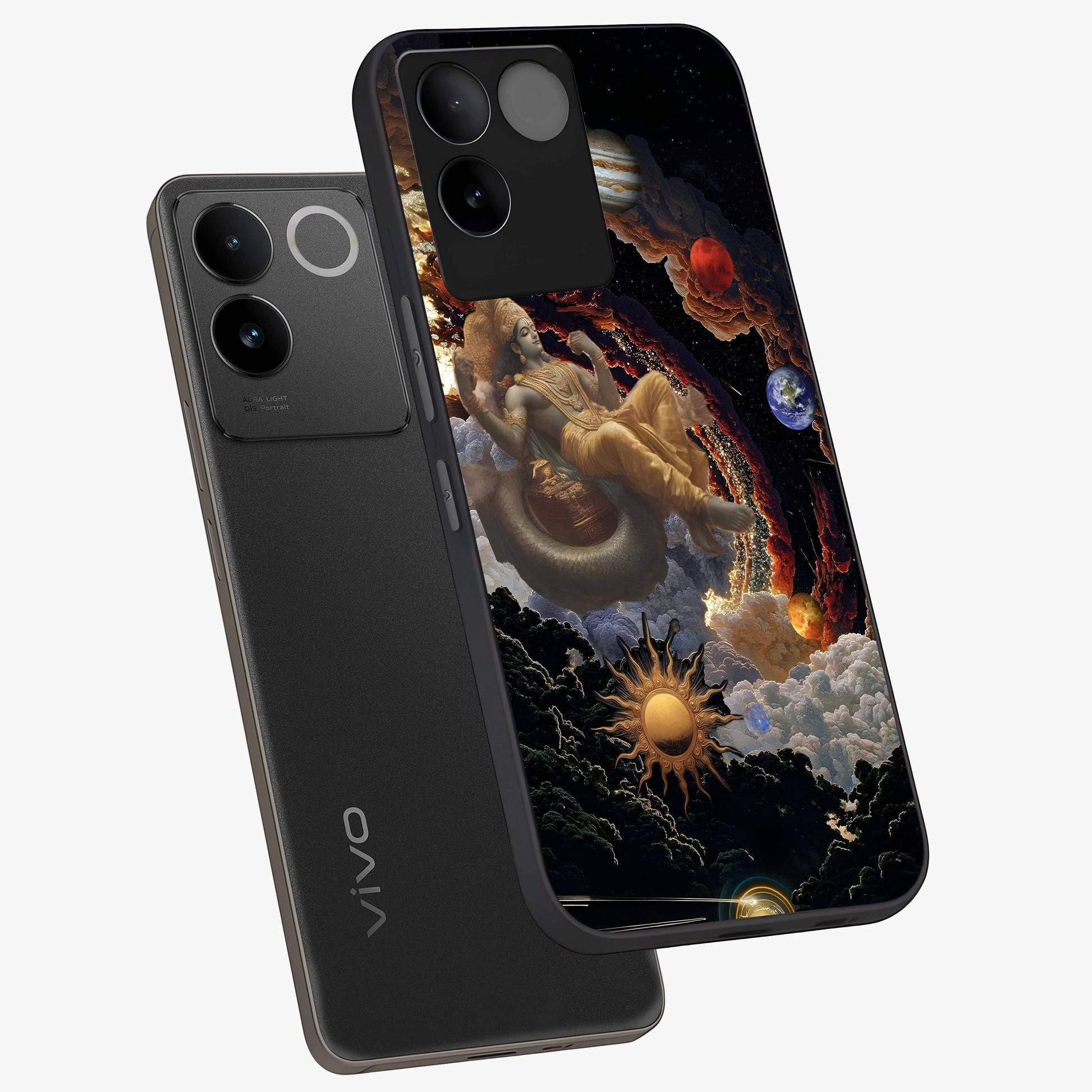 Galactic Divine God Glass Case displayed in angled mockup highlighting powerful celestial deity illustration with galactic aesthetic.