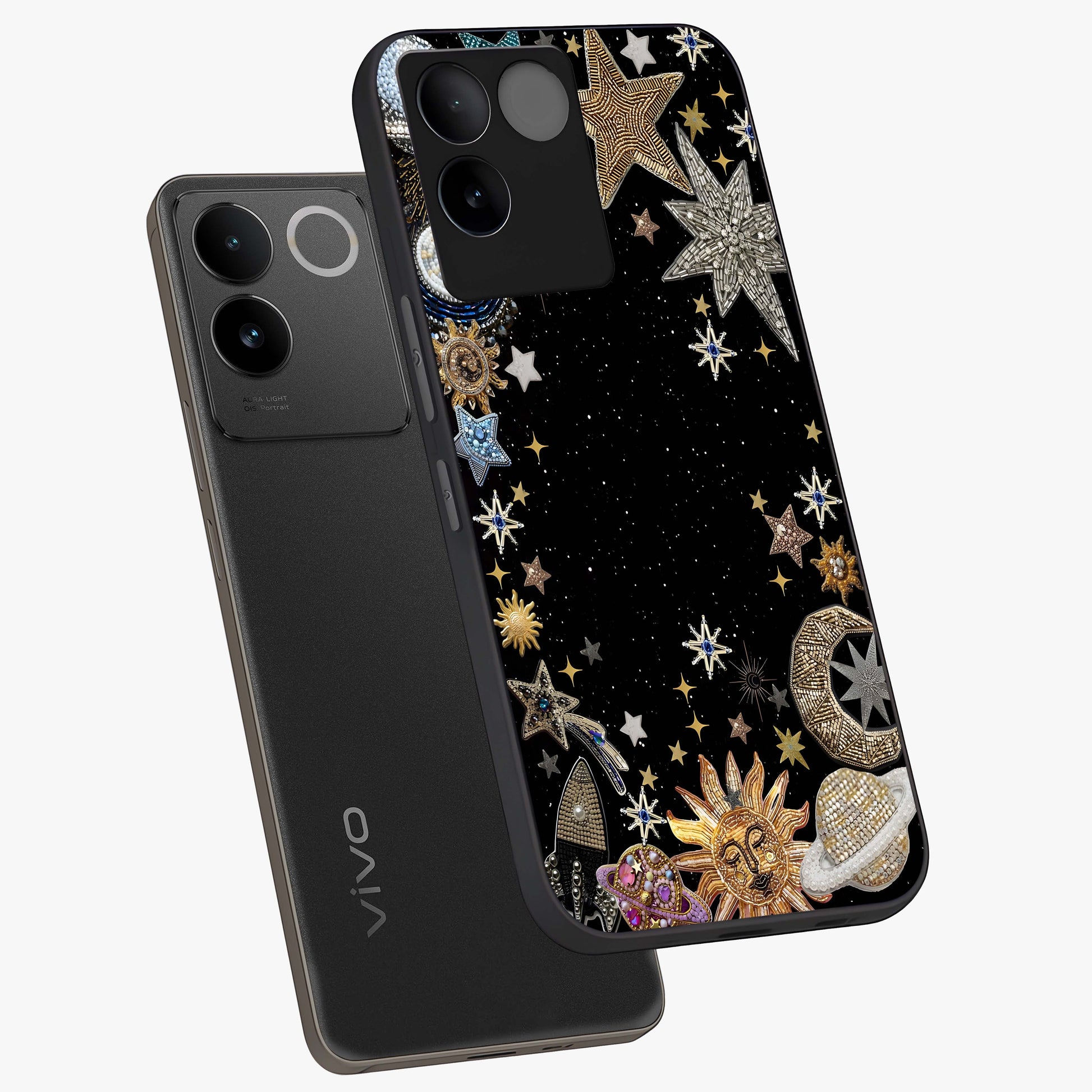 Galactic Jewel Stars Glass Case displayed in angled mockup highlighting shining celestial star design with cosmic aesthetic style.