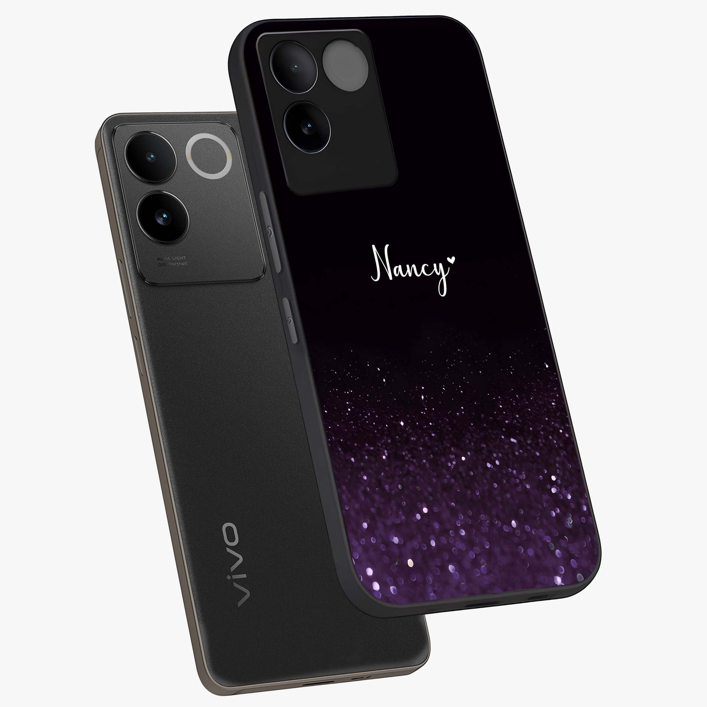 Glittery Purple Bokeh Custom Name Glass Case displayed in angled mockup highlighting glitter bokeh pattern with custom name feature.