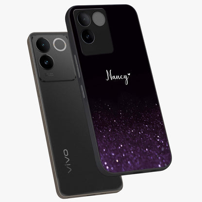 Glittery Purple Bokeh Custom Name Glass Case displayed in angled mockup highlighting glitter bokeh pattern with custom name feature.