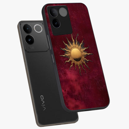 Golden Sun Minimalism Glass Case displayed in angled mockup highlighting clean sun symbol design with modern minimal aesthetic.