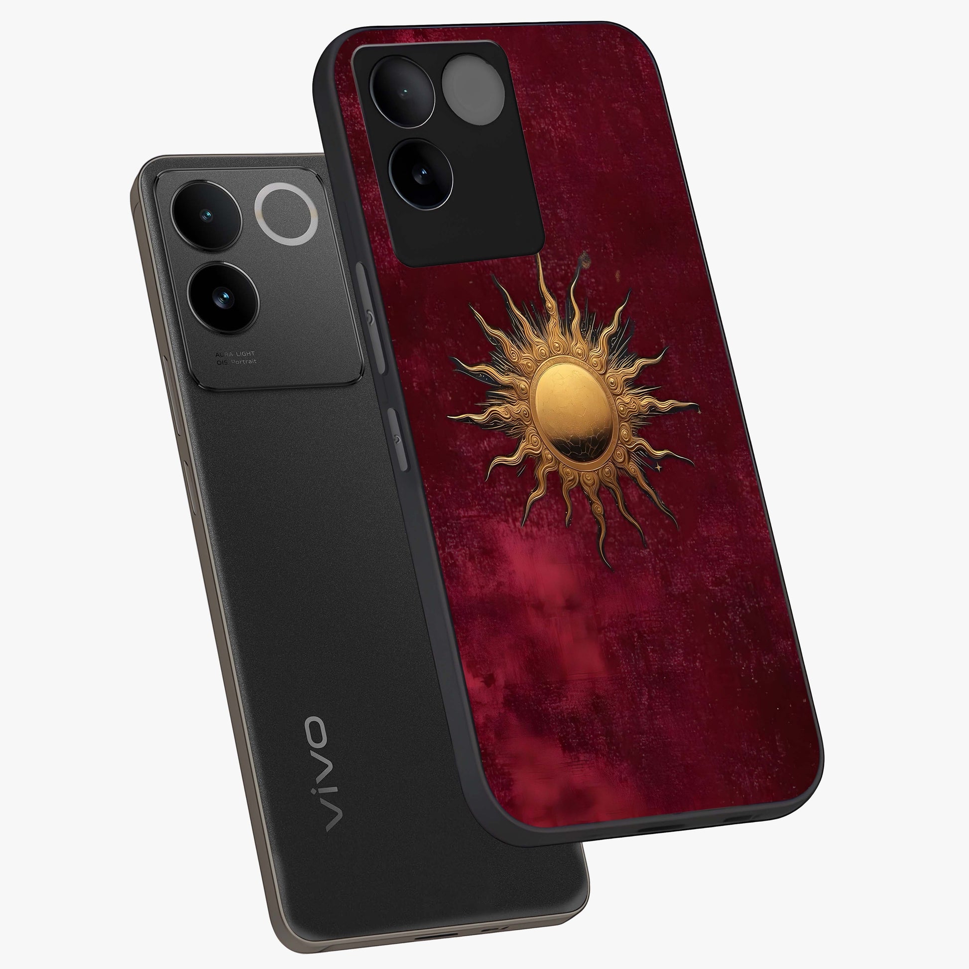 Golden Sun Minimalism Glass Case displayed in angled mockup highlighting clean sun symbol design with modern minimal aesthetic.