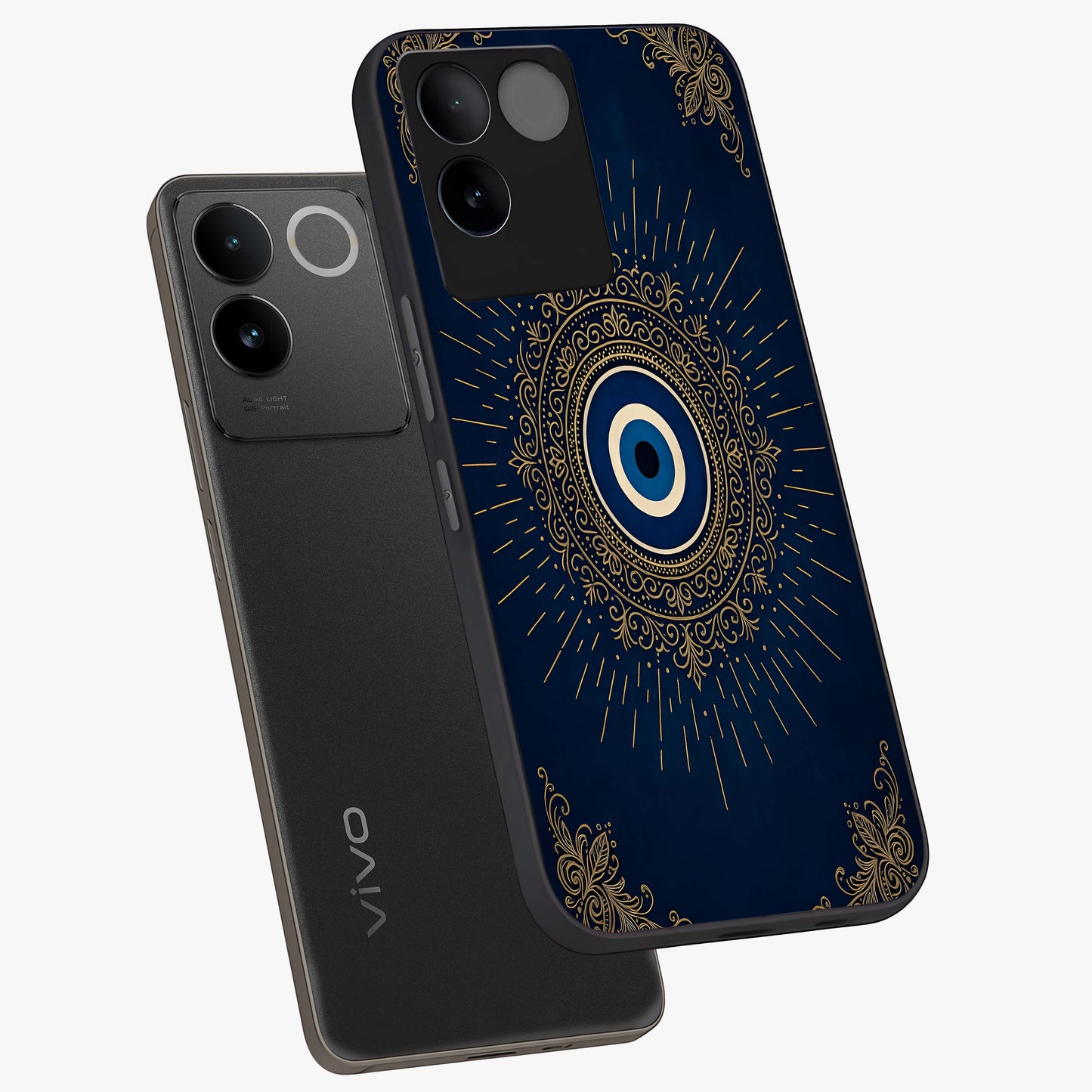 Golden Celestial Charm Glass Case displayed in angled mockup highlighting sparkling cosmic charm design with celestial aesthetic.
