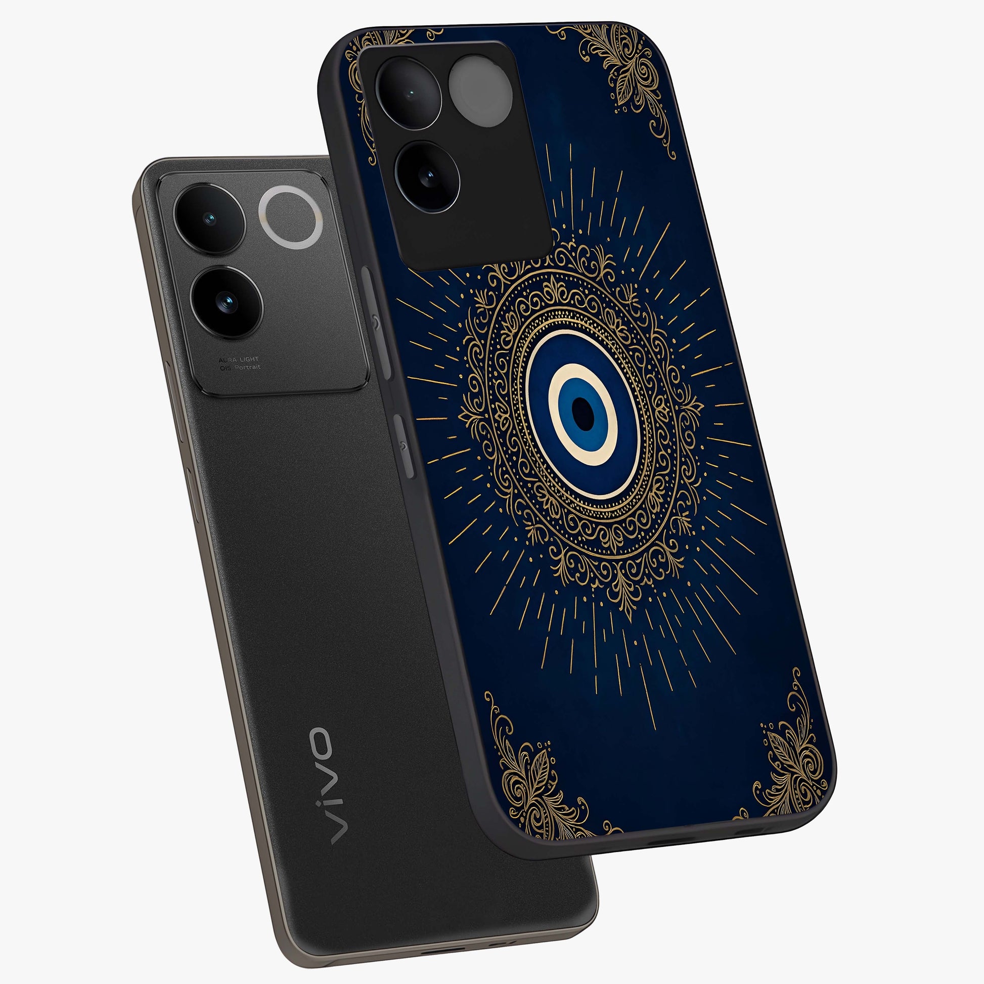 Golden Celestial Charm Glass Case displayed in angled mockup highlighting sparkling cosmic charm design with celestial aesthetic.