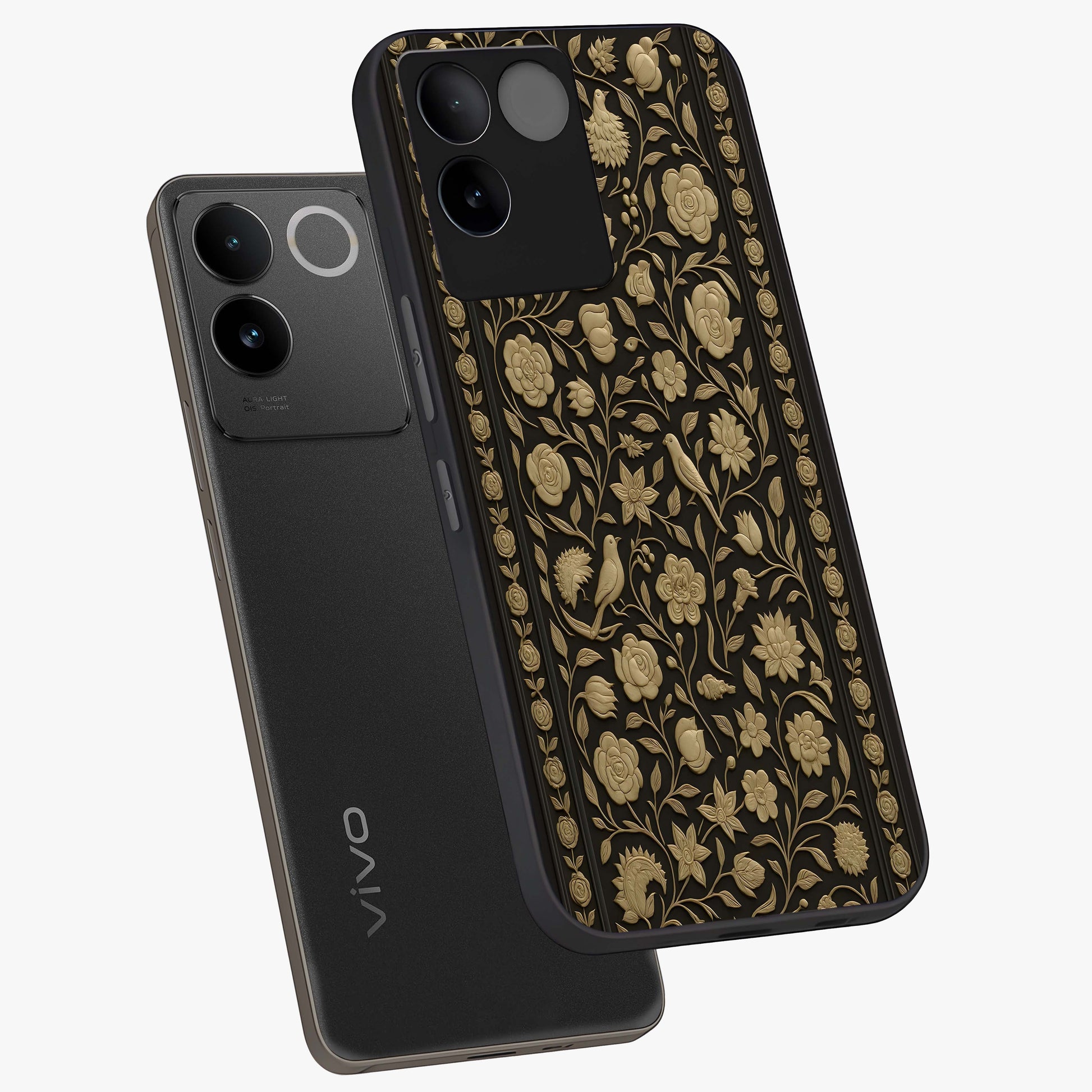 Golden Evil Eye Mandala Glass Case displayed in angled mockup highlighting protective evil eye symbol with golden mandala design.