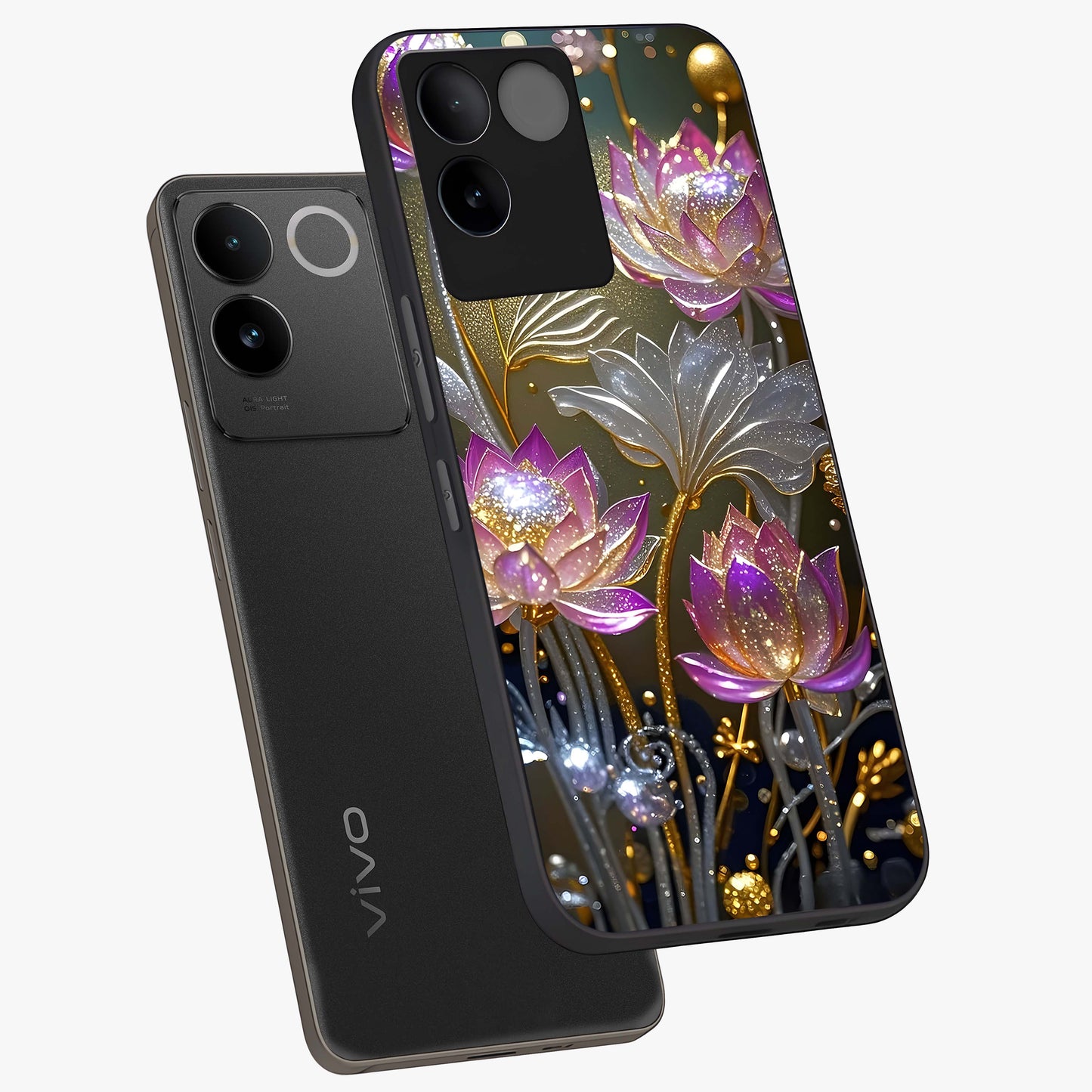 Golden Floral Majesty Glass Case displayed in angled mockup highlighting elegant flower design with royal golden aesthetic.