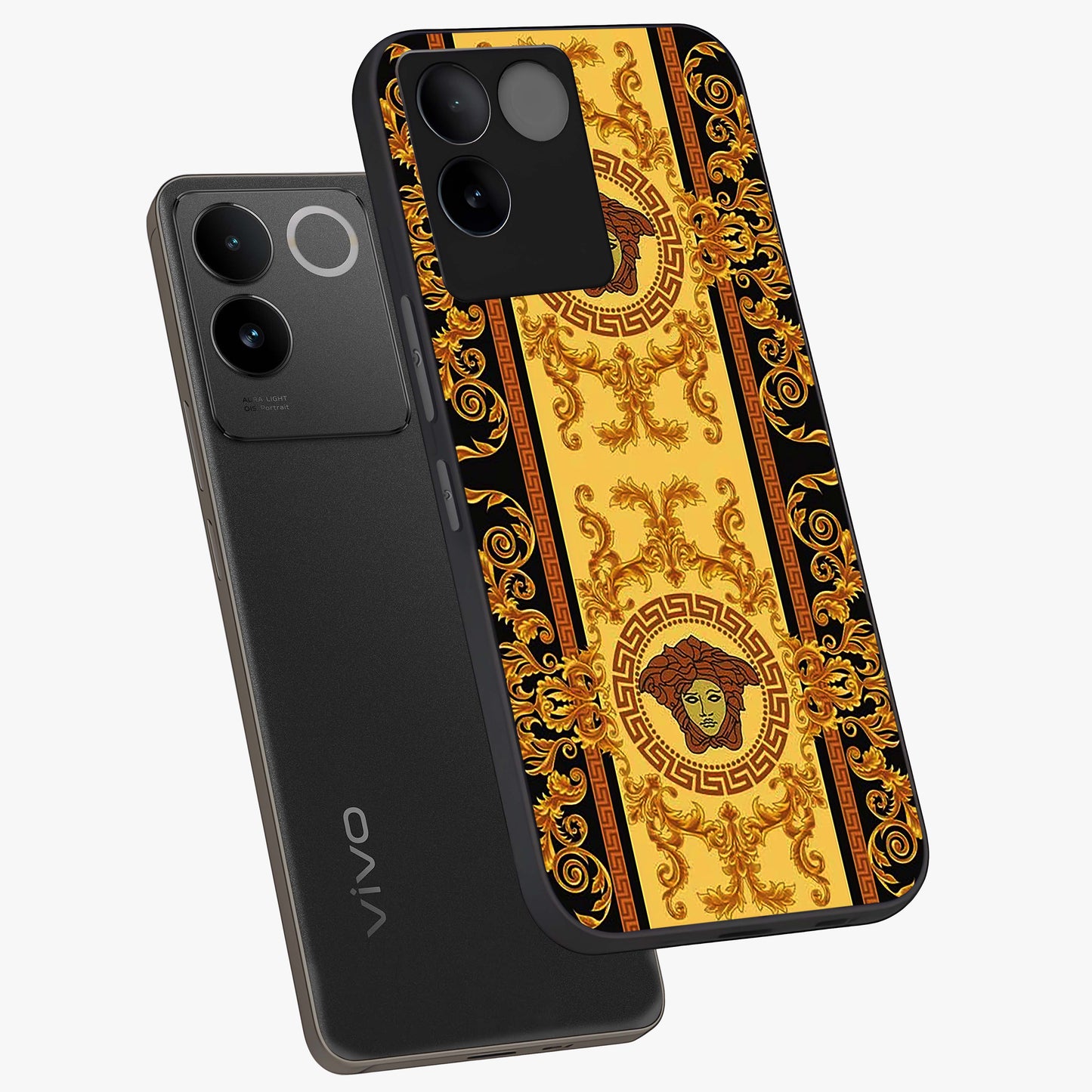 Golden Lotus Glow Glass Case displayed in angled mockup highlighting radiant lotus illustration with spiritual aesthetic.