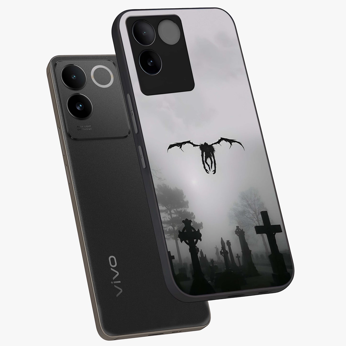 Graveyard Shadow Descent Glass Case displayed in angled mockup highlighting eerie shadow illustration with gothic aesthetic.