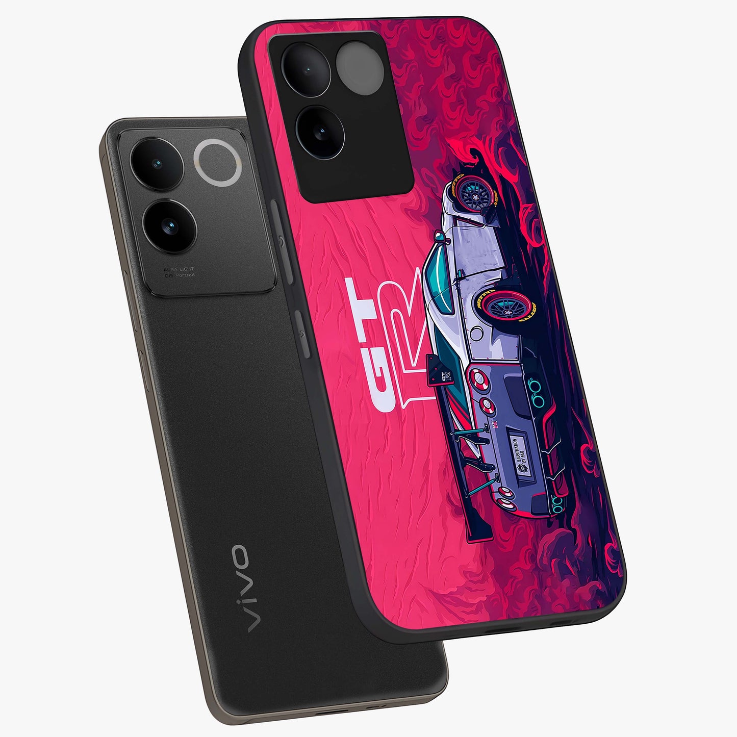 GT-R Car Pattern Glass Case displayed in angled mockup highlighting racing car graphic design with bold automotive aesthetic.