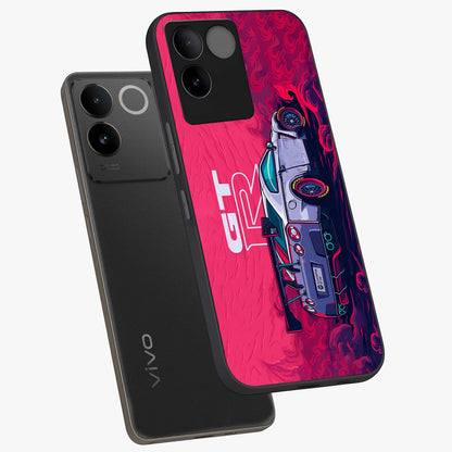 GT-R Car Pattern Glass Case displayed in angled mockup highlighting racing car graphic design with bold automotive aesthetic.