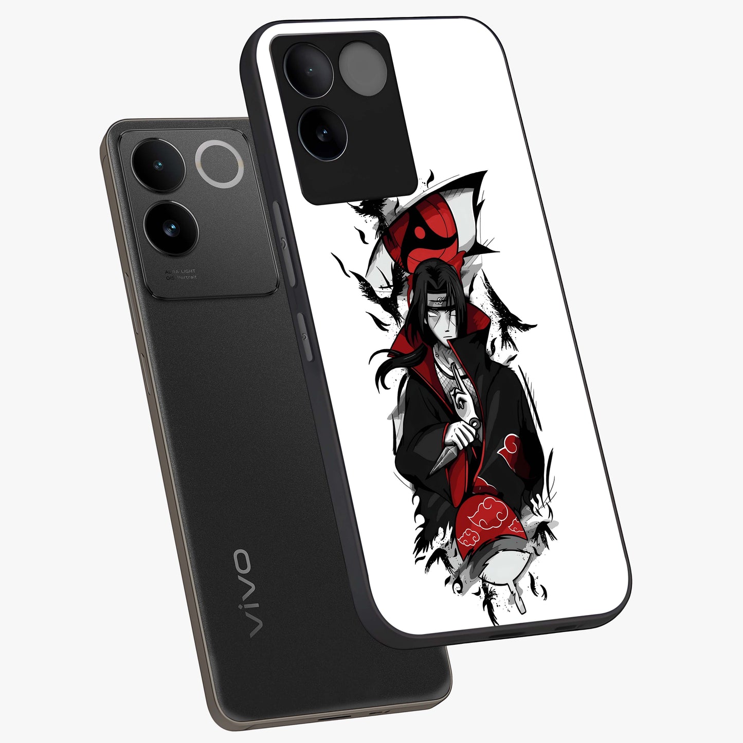 Itachi Limited Edition Naruto Anime Glass Case displayed in angled mockup highlighting dramatic anime illustration with bold action aesthetic.