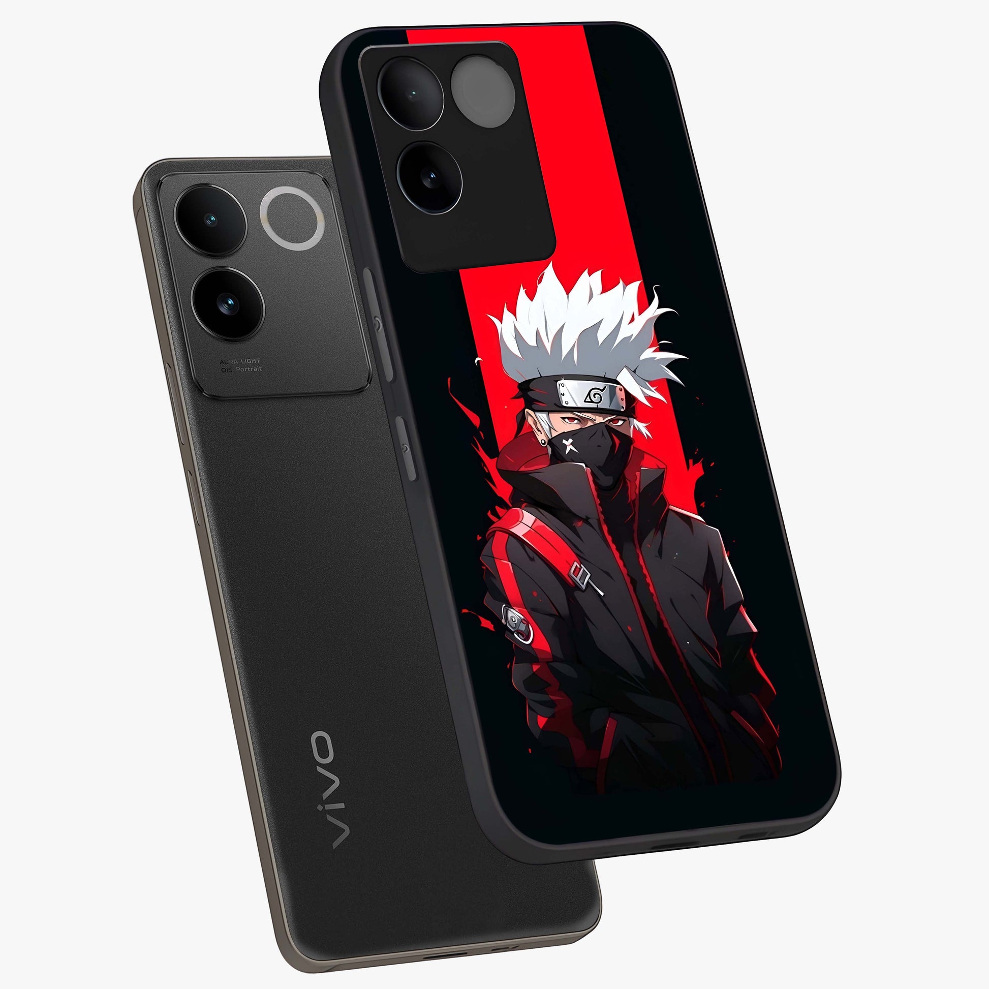 Kakashi Scarlet Shadow Glass Case displayed in angled mockup highlighting dramatic ninja illustration with scarlet themed aesthetic.
