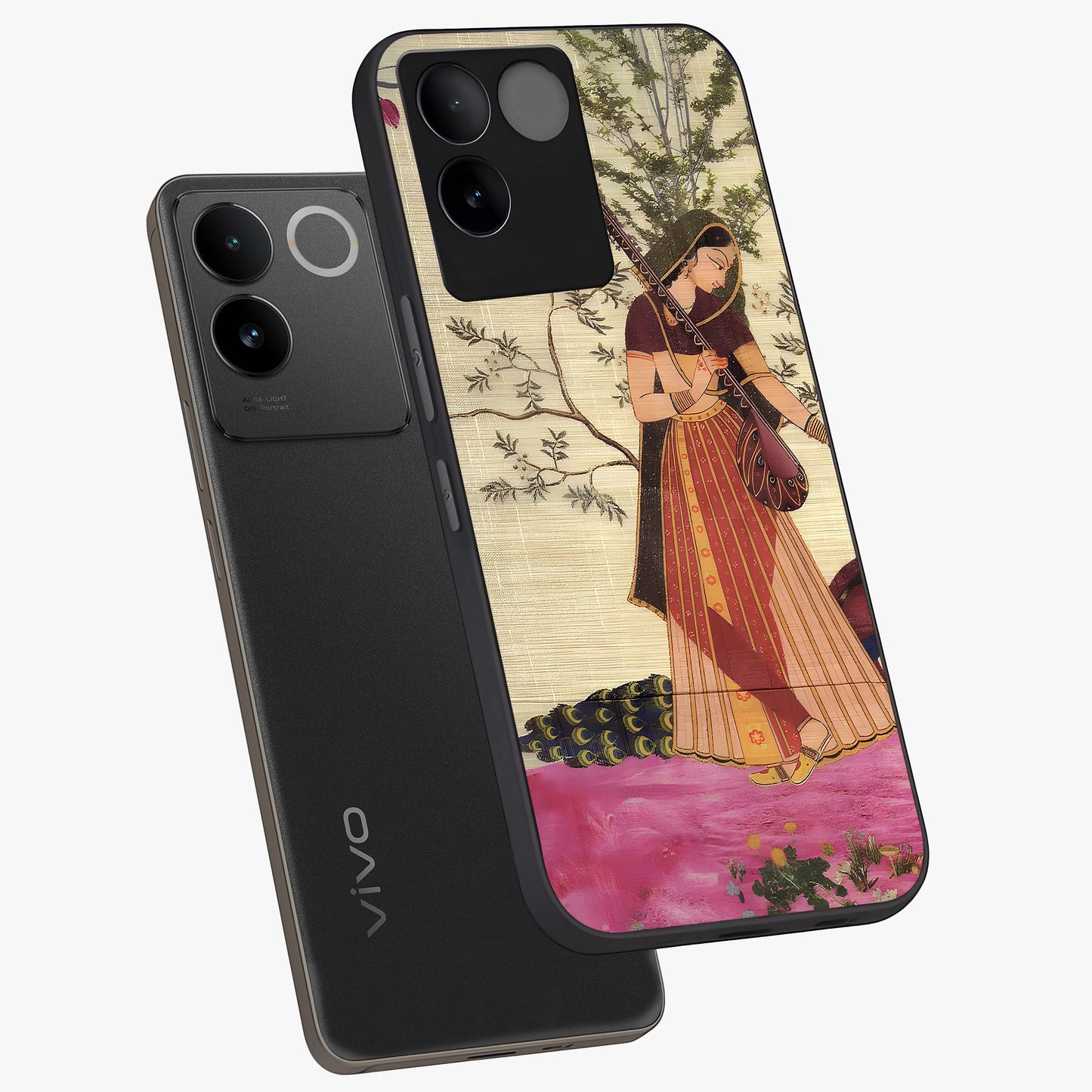 Lady With Veena Art Glass Case displayed in angled mockup highlighting graceful musical illustration with cultural artistic aesthetic.