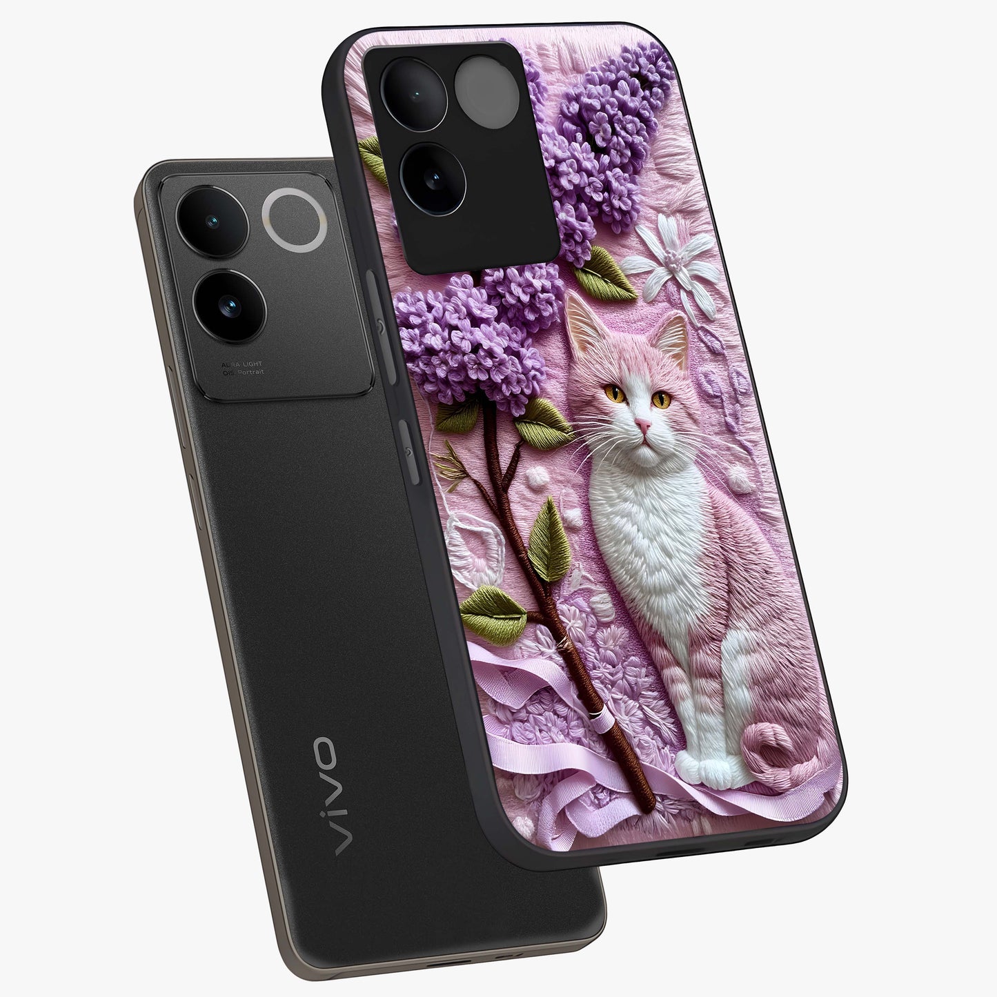 Lavender Cat Whimsy Glass Case displayed in angled mockup highlighting playful feline illustration with pastel lavender aesthetic.