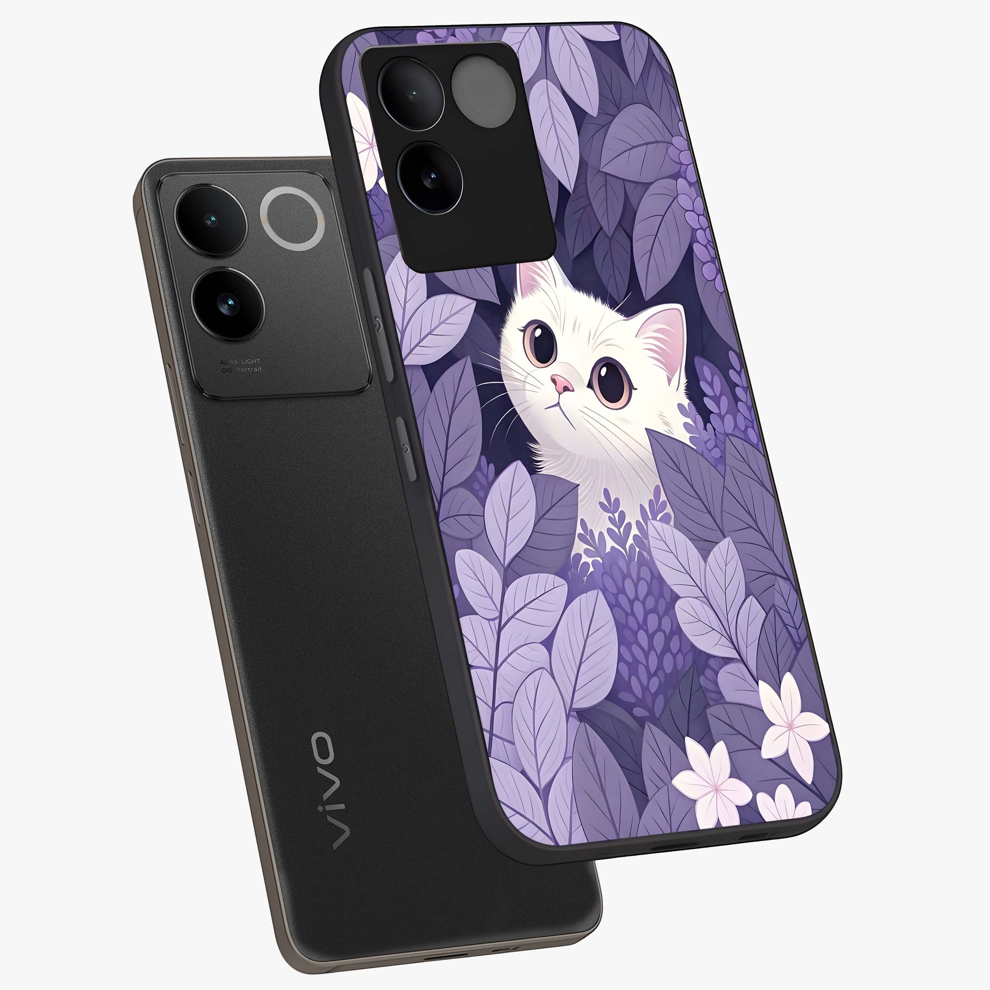 Lilac Hide Peek Cat Glass Case displayed in angled mockup highlighting playful feline illustration with lilac aesthetic design.