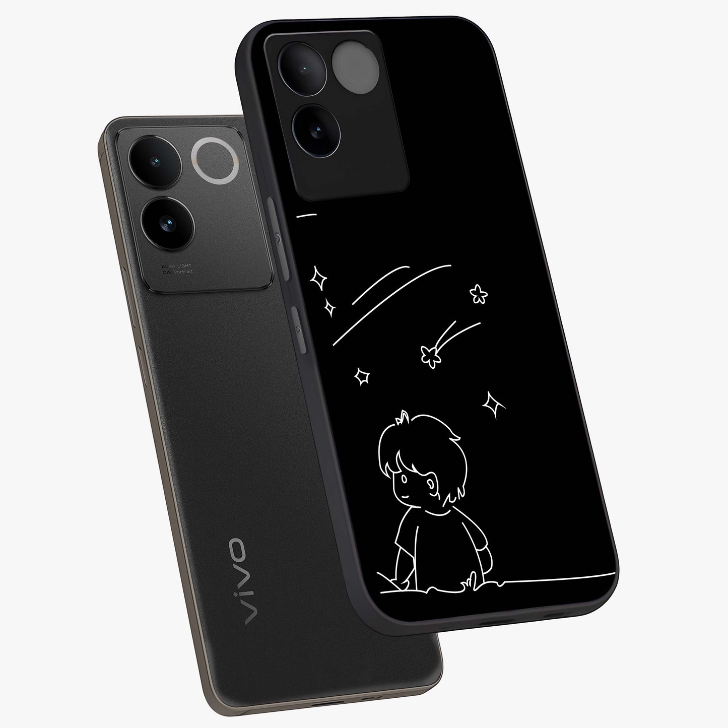 Line Art Boy With Shooting Stars Glass Case displayed in angled mockup highlighting elegant line art design with dreamy star aesthetic.