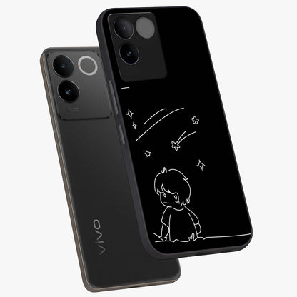 Line Art Boy With Shooting Stars Glass Case displayed in angled mockup highlighting elegant line art design with dreamy star aesthetic.