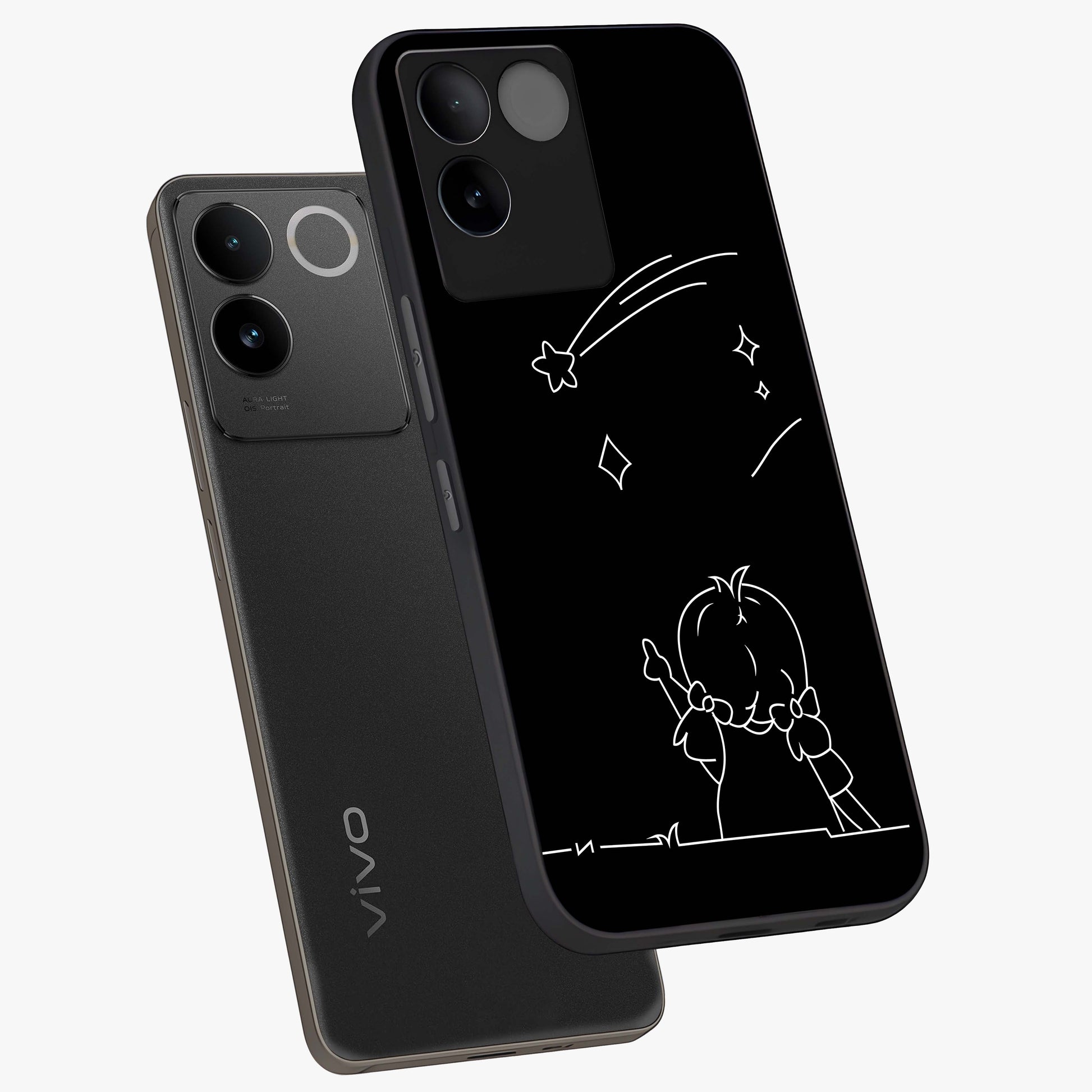 Line Art Girl With Shooting Stars Glass Case displayed in angled mockup highlighting elegant line art design with dreamy star aesthetic.