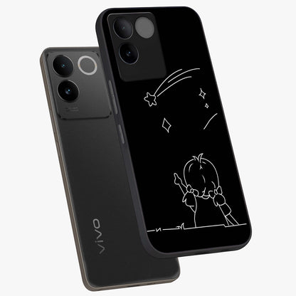 Line Art Girl With Shooting Stars Glass Case displayed in angled mockup highlighting elegant line art design with dreamy star aesthetic.
