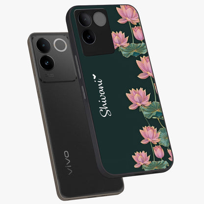 Lotus Bloom Serenity Custom Name Glass Case displayed in angled mockup highlighting graceful lotus illustration with custom name feature.