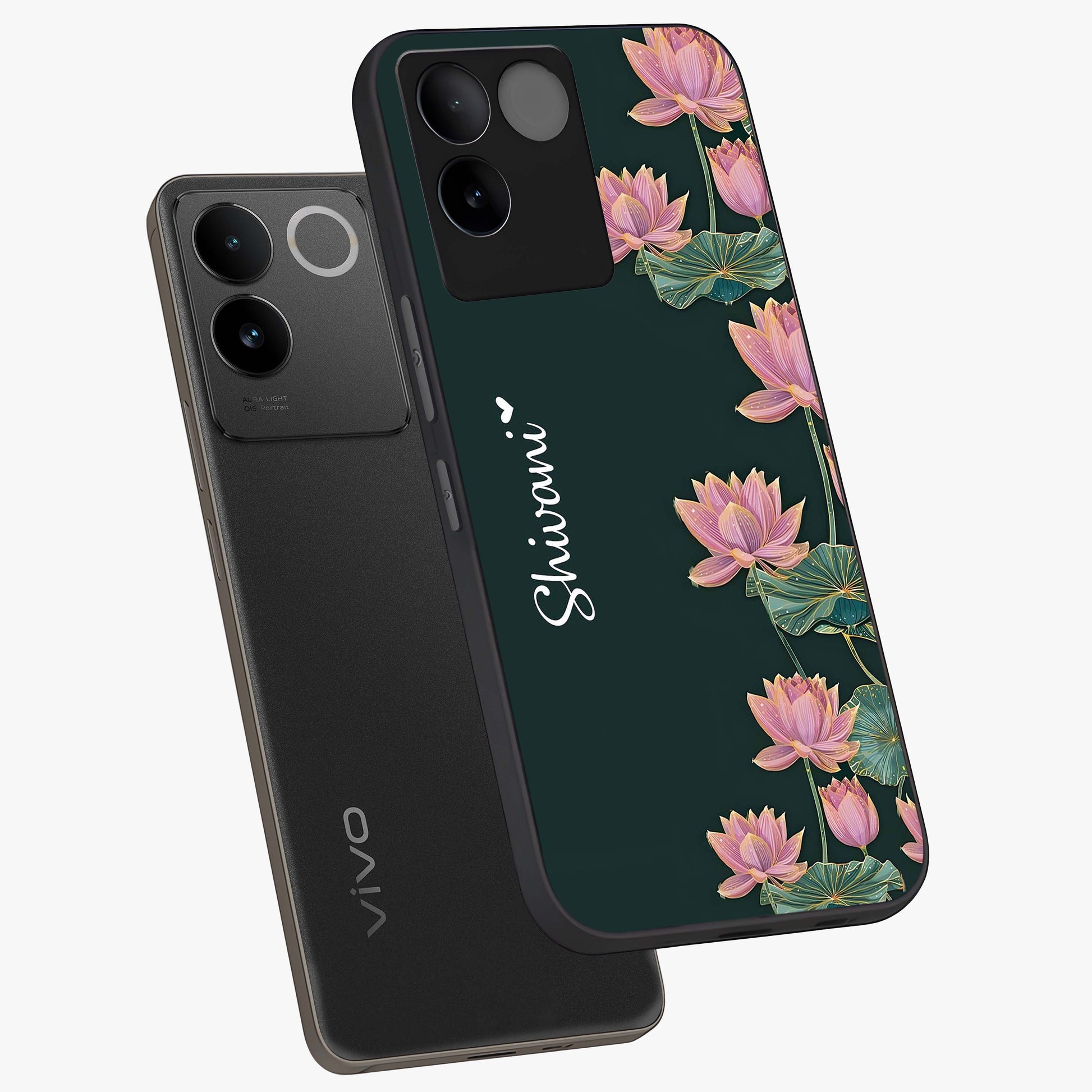Lotus Bloom Serenity Custom Name Glass Case displayed in angled mockup highlighting graceful lotus illustration with custom name feature.