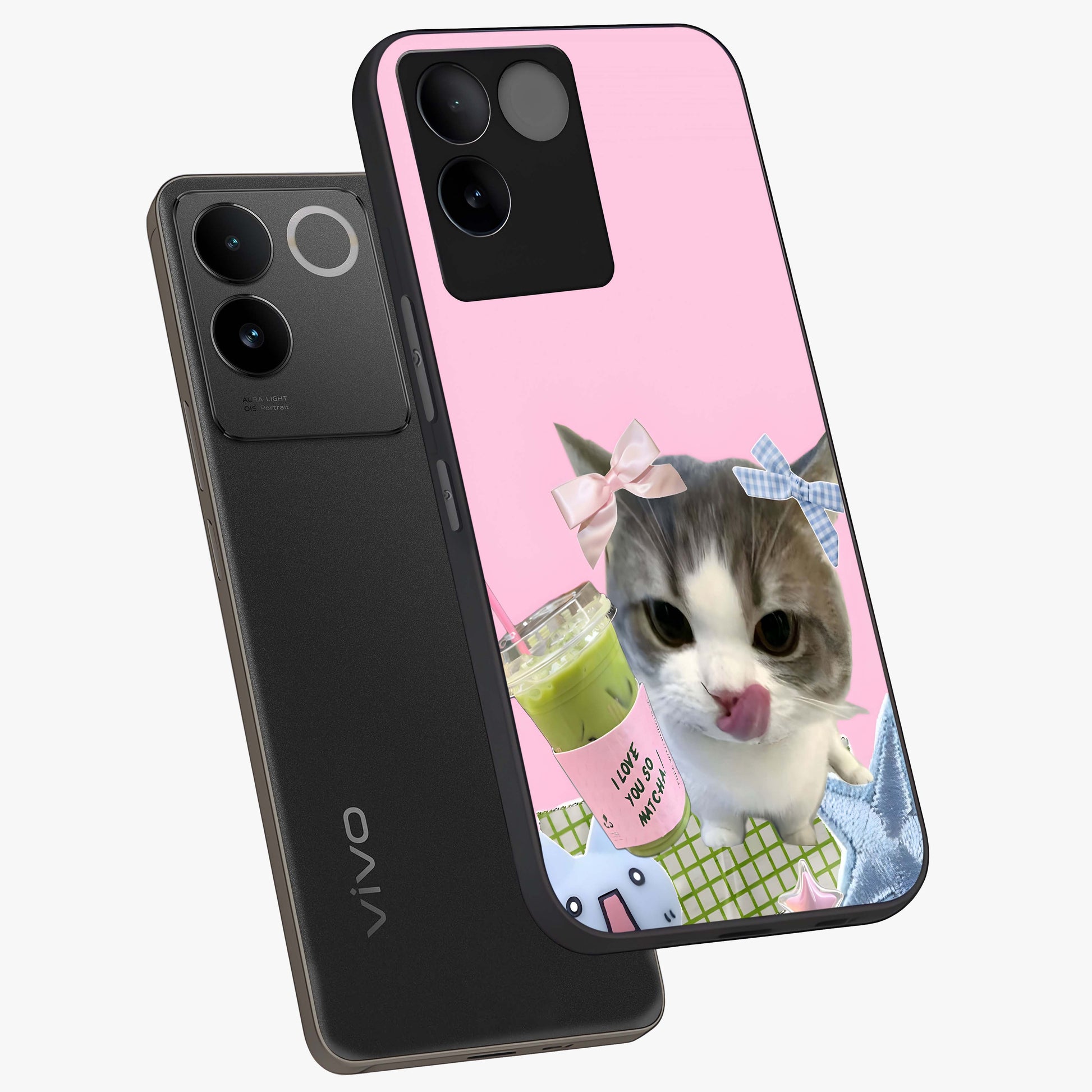 Love Matcha Cat Glass Case displayed in angled mockup highlighting playful feline illustration with cozy matcha aesthetic.