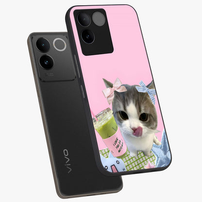 Love Matcha Cat Glass Case displayed in angled mockup highlighting playful feline illustration with cozy matcha aesthetic.