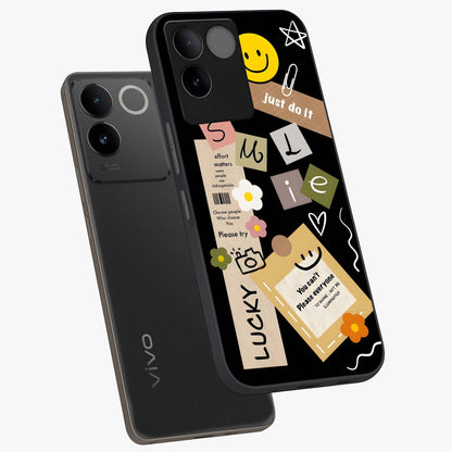 Lucky Aesthetic Collage Glass Case displayed in angled mockup highlighting stylish collage pattern with modern aesthetic vibe.