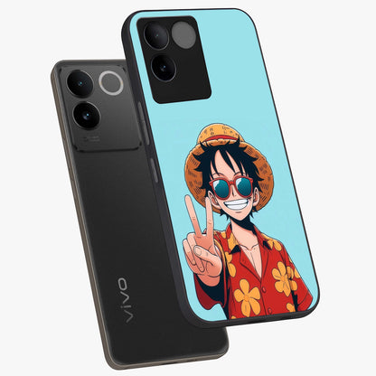 Luffy Summer Anime Vibe Glass Case displayed in angled mockup highlighting energetic anime illustration with summer vibe aesthetic.