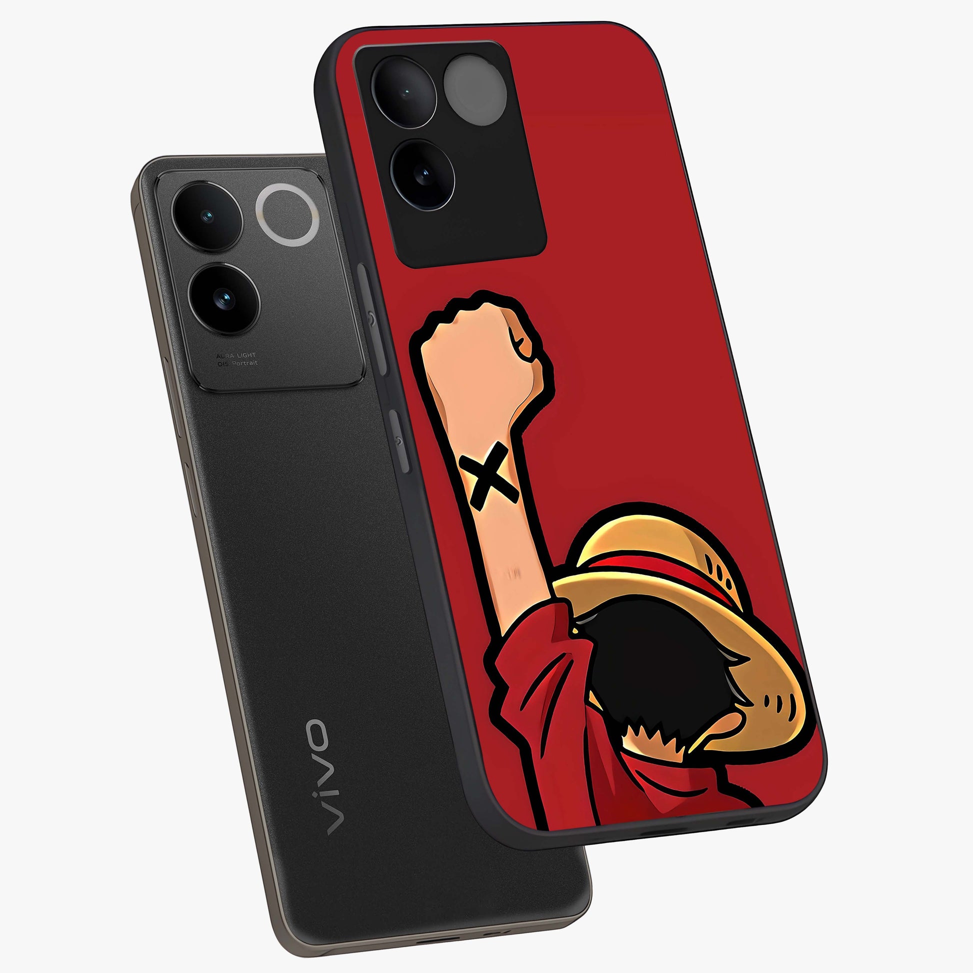 Luffy X Spirit Glass Case displayed in angled mockup highlighting powerful anime design with energetic action aesthetic.