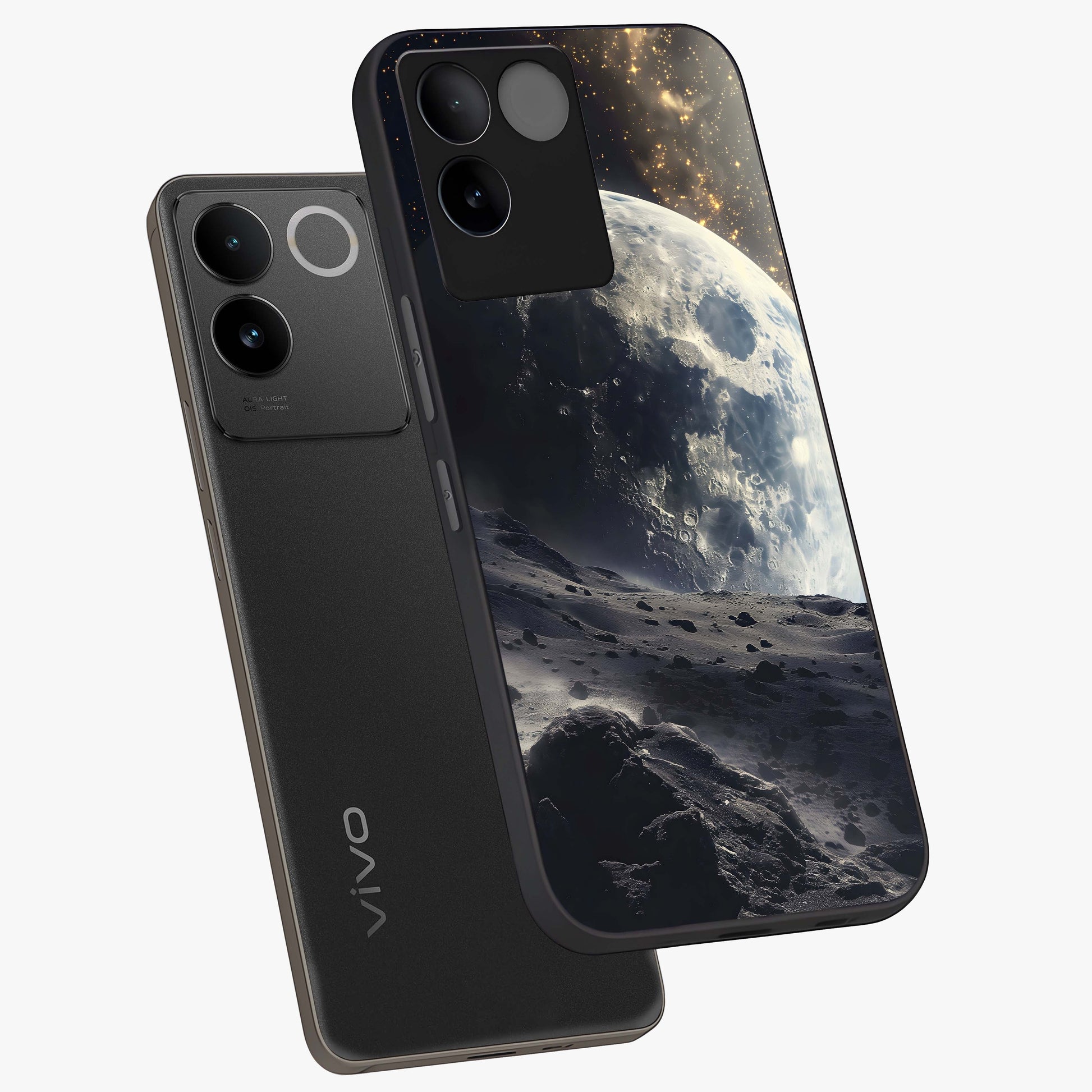 Lunar Horizon Glow Glass Case displayed in angled mockup highlighting celestial moon design with dreamy night aesthetic.