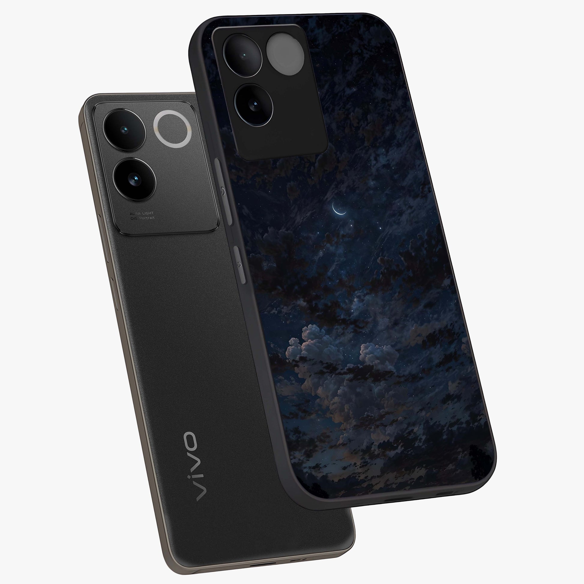 Lunar Veil Silence Glass Case displayed in angled mockup highlighting soft lunar design with peaceful celestial aesthetic.
