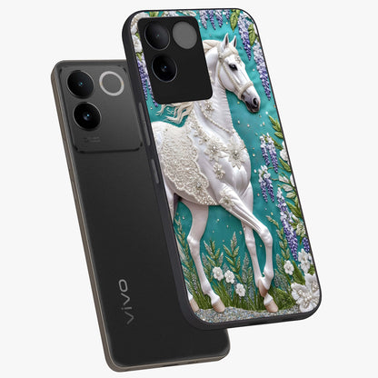 Majestic Floral Stallion Glass Case displayed in angled mockup highlighting majestic stallion illustration with elegant floral aesthetic.