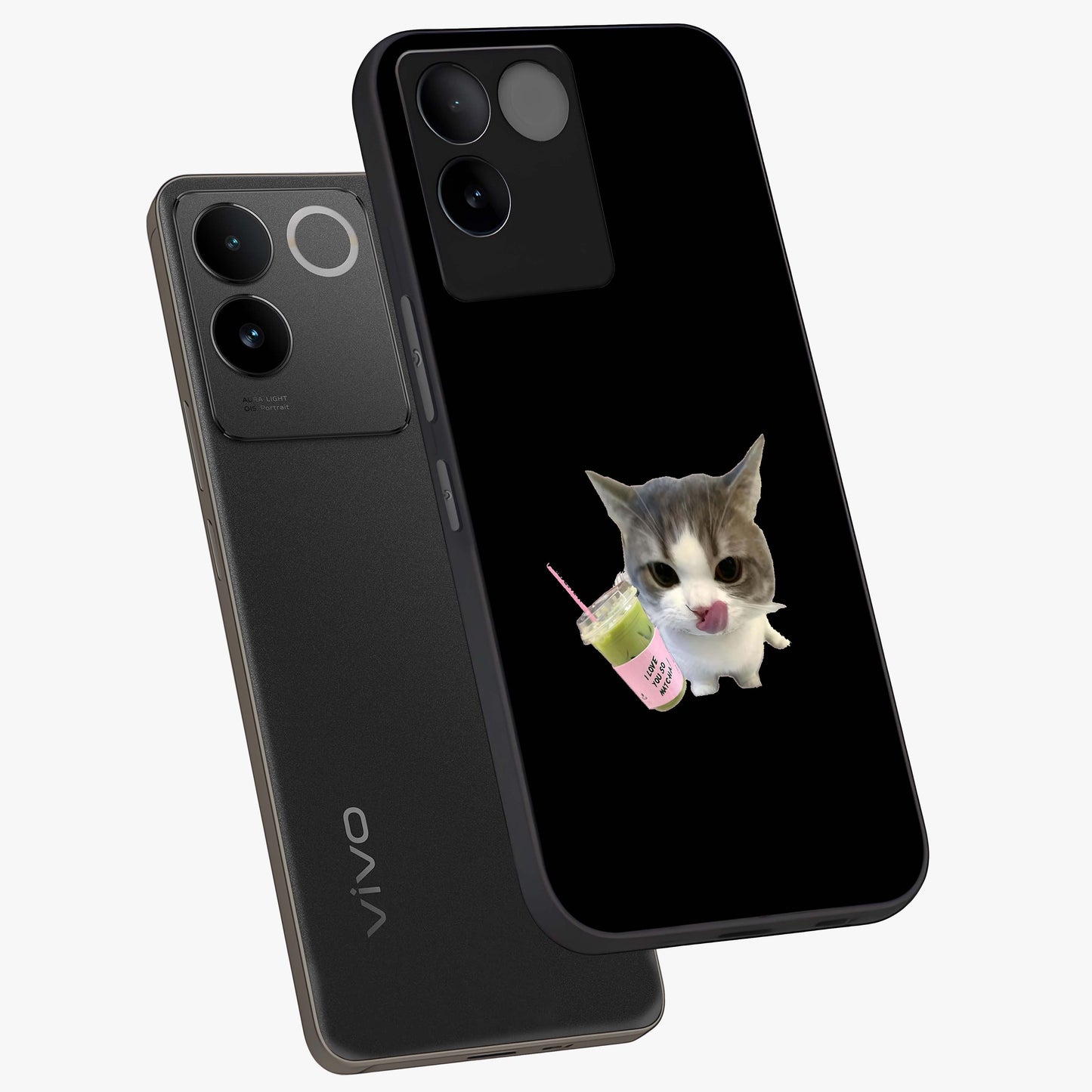Matcha Cat Style Glass Case displayed in angled mockup highlighting playful feline design with pastel matcha aesthetic.