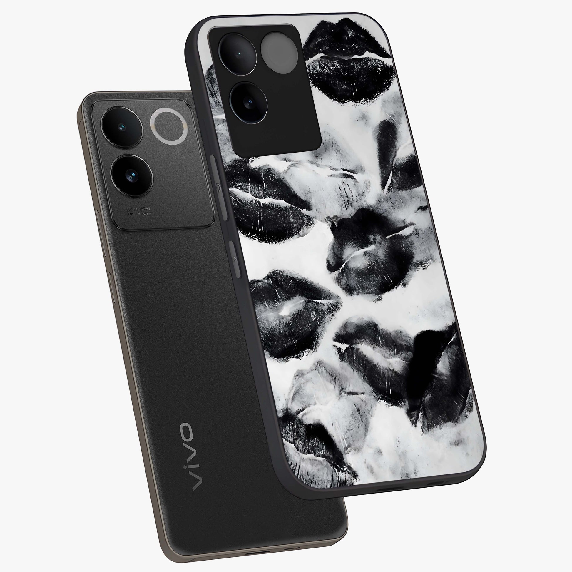Midnight Kiss Marks Glass Case displayed in angled mockup highlighting playful romantic design with bold midnight aesthetic.