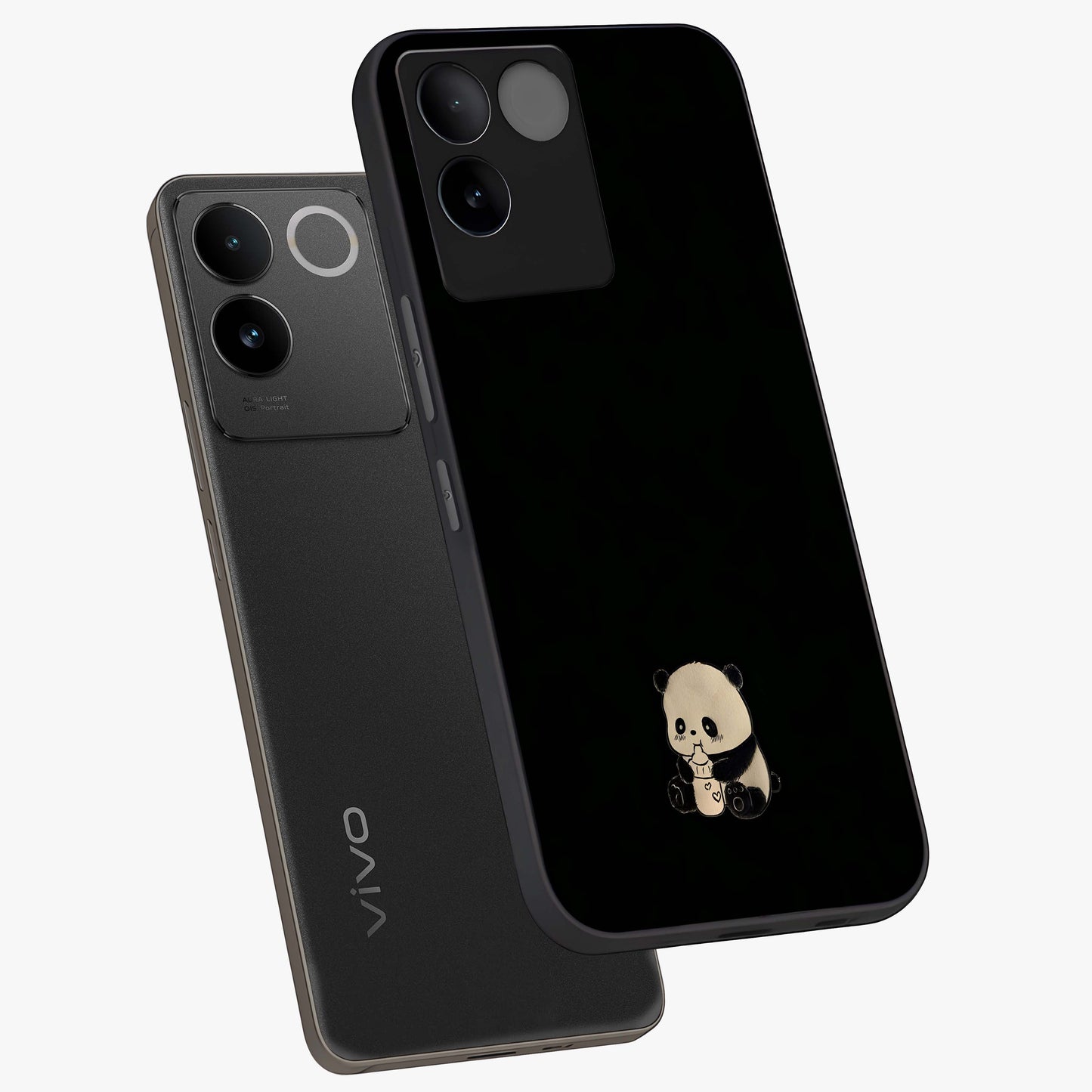 Midnight Panda Love Glass Case displayed in angled mockup highlighting adorable panda illustration with midnight aesthetic.