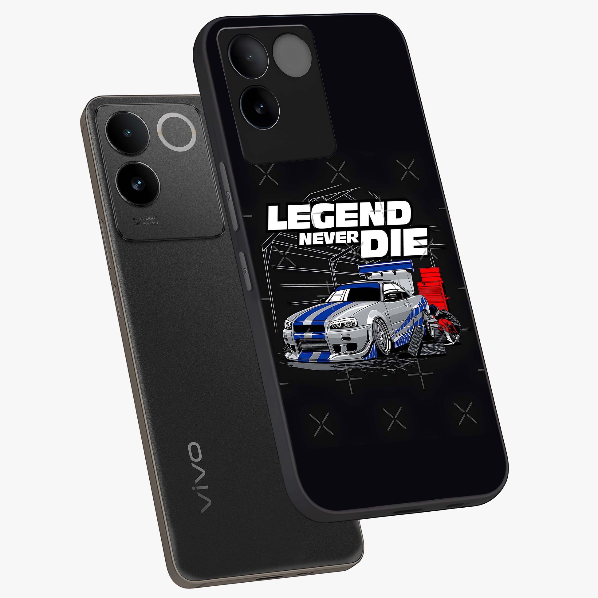 Midnight Racing Legacy Glass Case displayed in angled mockup highlighting dynamic automotive design with bold midnight aesthetic.
