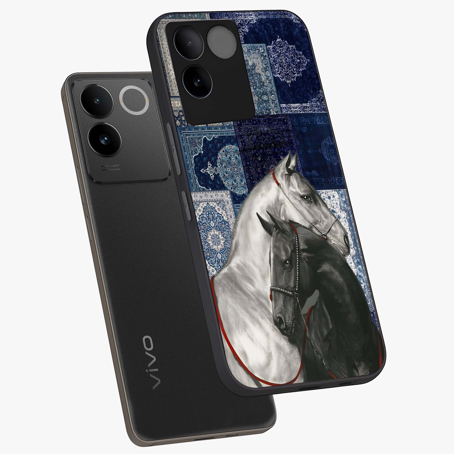 Midnight Stallion Blues Glass Case displayed in angled mockup highlighting powerful stallion illustration with deep midnight tones.