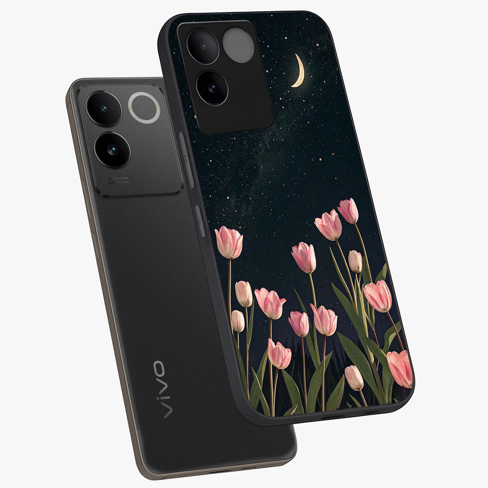 Midnight Tulip Whispers Vibe Glass Case displayed in angled mockup highlighting delicate tulip design with midnight floral aesthetic.