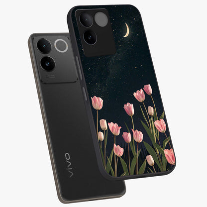 Midnight Tulip Whispers Vibe Glass Case displayed in angled mockup highlighting delicate tulip design with midnight floral aesthetic.