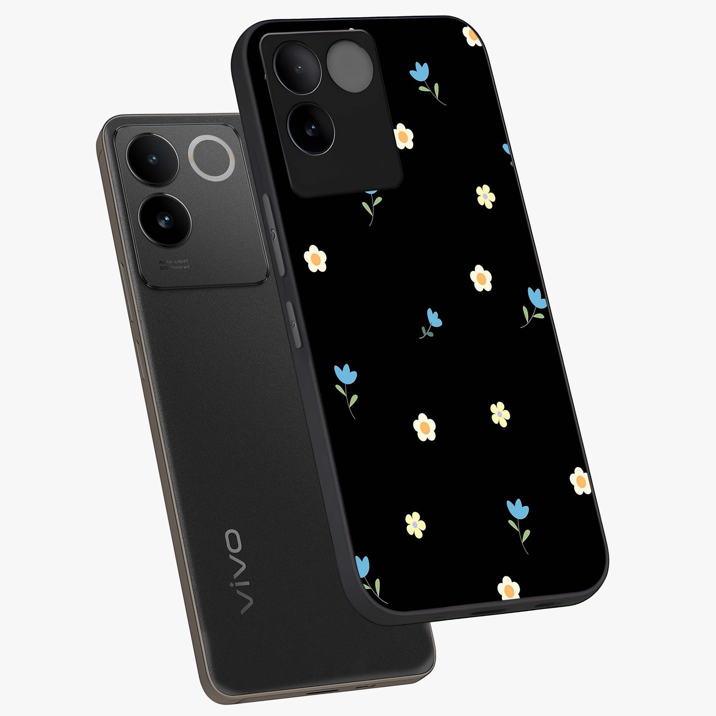 Minimal Petal Whispers Glass Case displayed in angled mockup highlighting delicate petal design with clean minimal aesthetic.