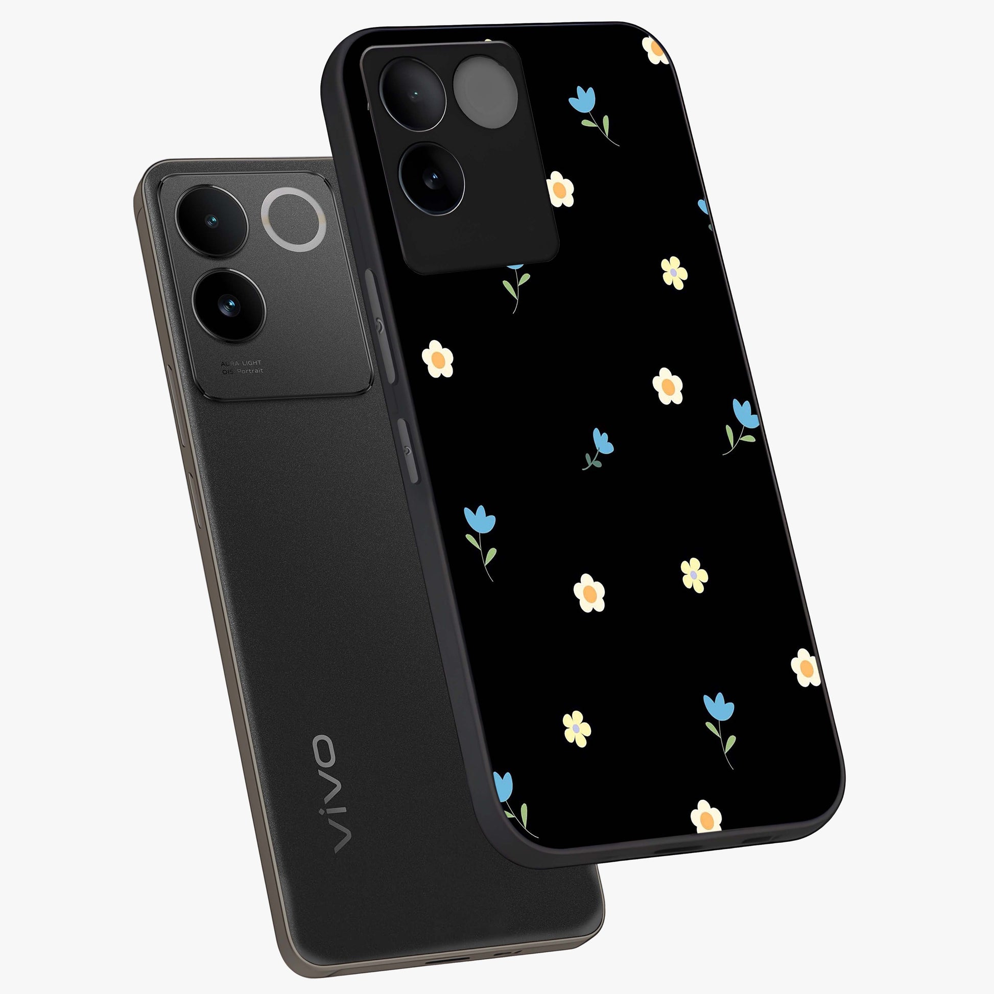 Minimal Petal Whispers Glass Case displayed in angled mockup highlighting delicate petal design with clean minimal aesthetic.
