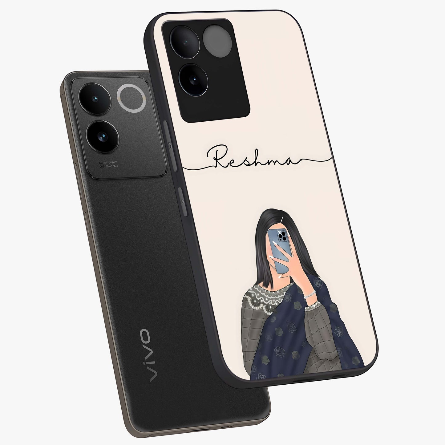 Mirror Mood Muse With Custom Name Glass Case displayed in angled mockup highlighting aesthetic mirror inspired design with custom name feature.