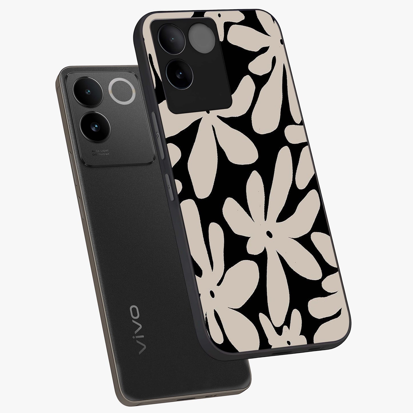 Monochrome Petal Dance Glass Case displayed in angled mockup highlighting elegant petal design with black and white aesthetic.