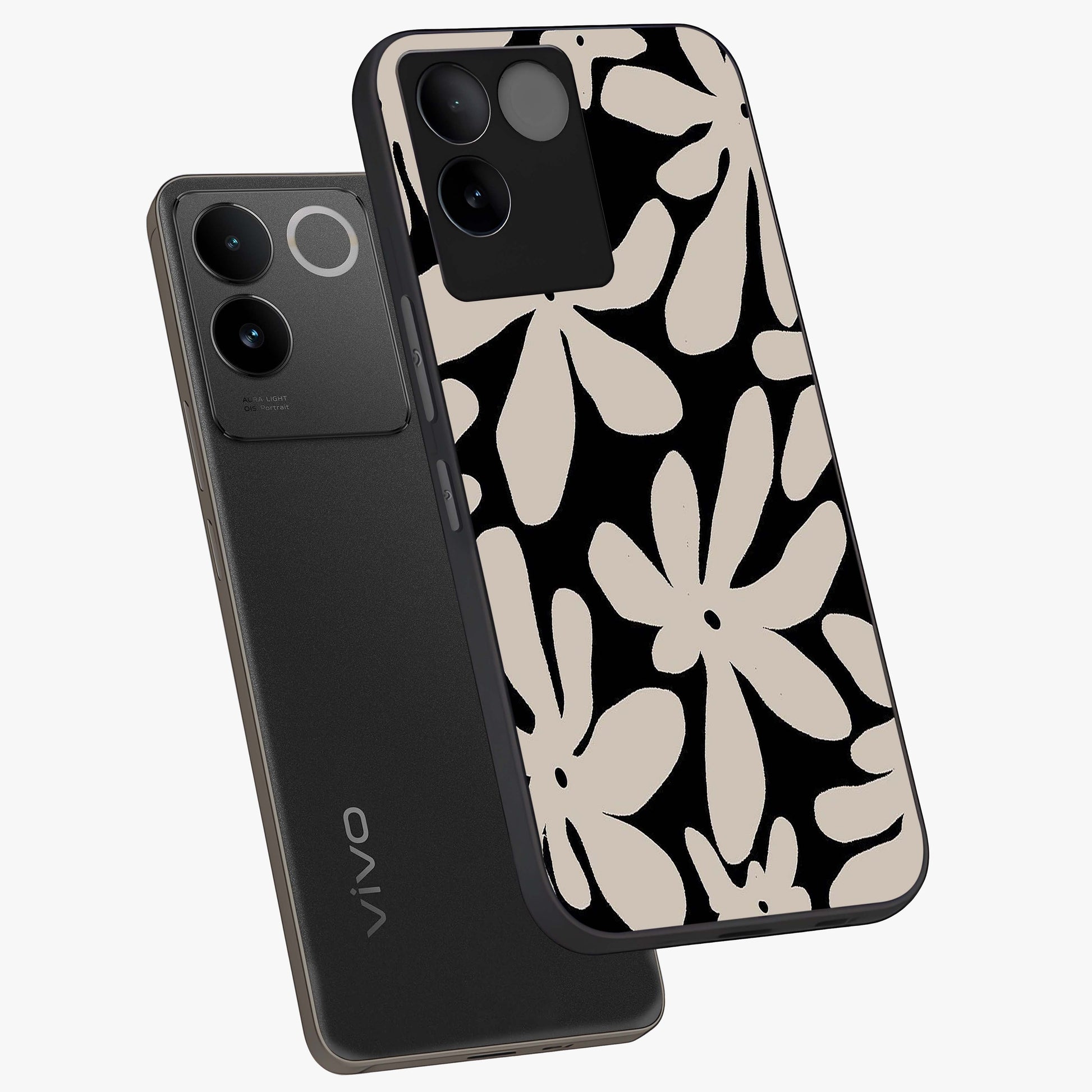 Monochrome Petal Dance Glass Case displayed in angled mockup highlighting elegant petal design with black and white aesthetic.